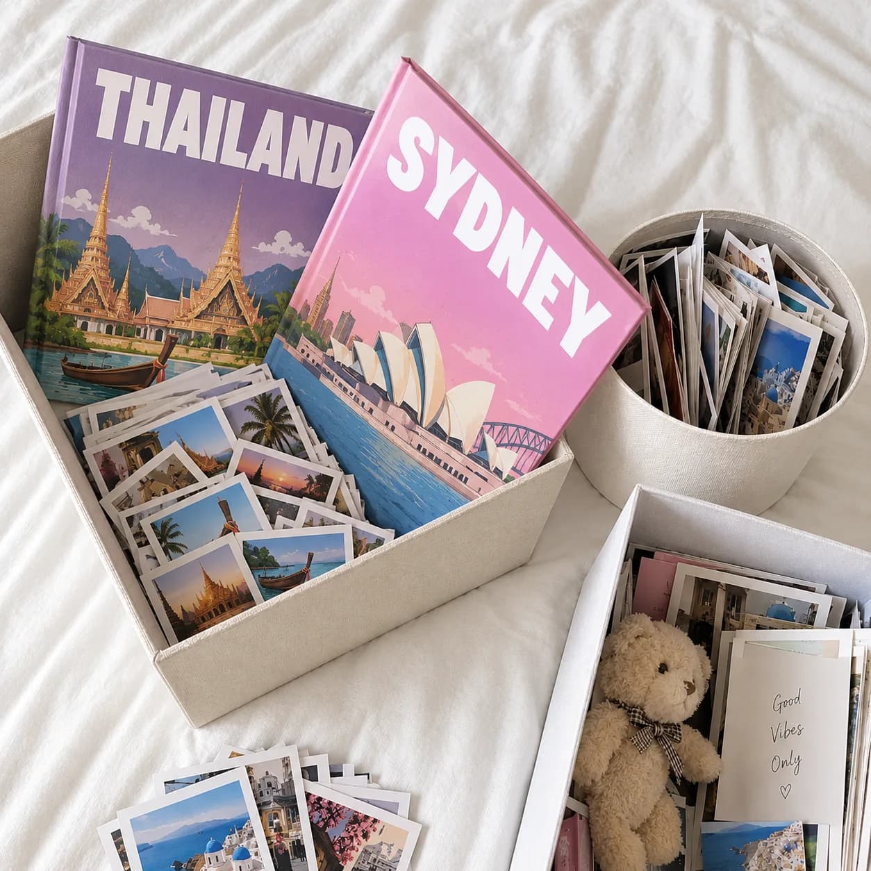 Thailand and Sydney photobooks in an open keepsake box of prints, a teddy bear beside it, on white bedding