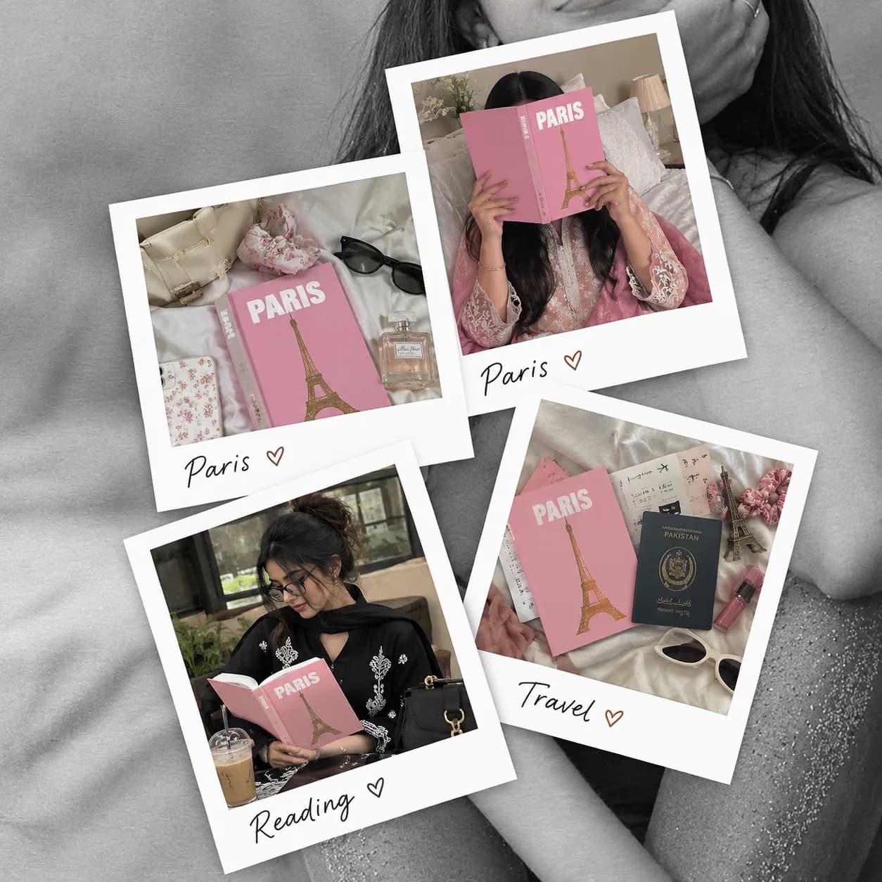 Styled photographs of a pink Paris Mimfoto photobook: on a bed, being read in a café, beside a passport