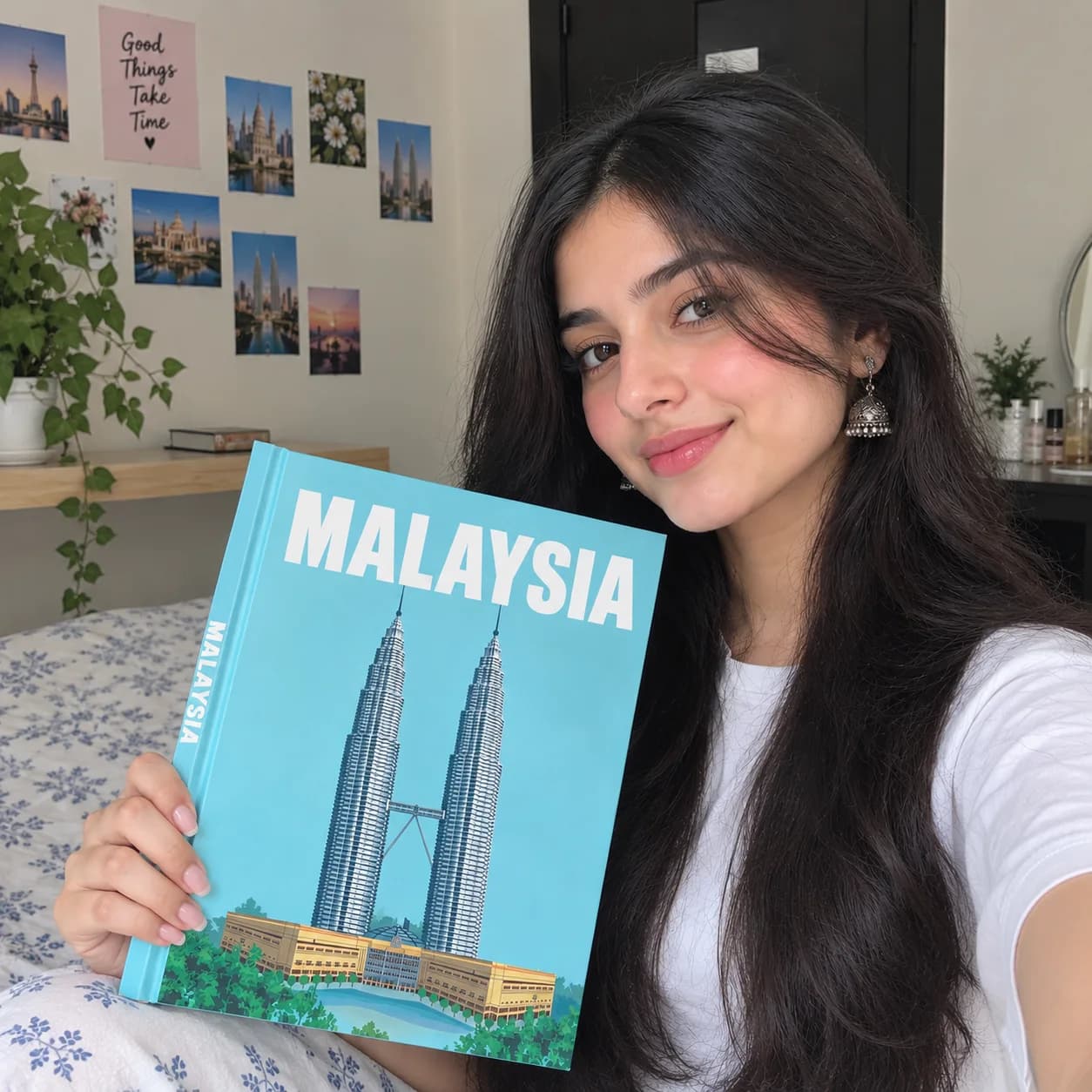 A smiling girl in a cosy room holding a turquoise Malaysia photobook